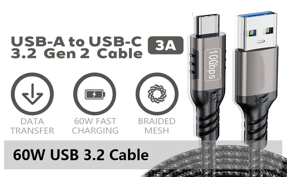 USB-C Cable 10Gbps, [3.3Ft/1M 2-Pack], USB 3.2 Gen 2 Data Sync Transfer, 60W 20V 3A Fast Charger, Ny