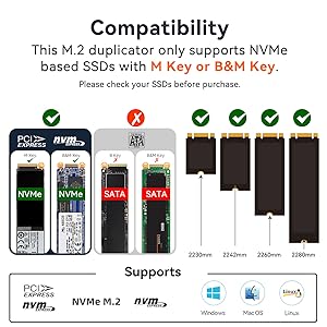 Compatibility This M.2 Cloner only supports M.2 NVMe PCIe SSD with M Key or B+M Key in size 2230/224