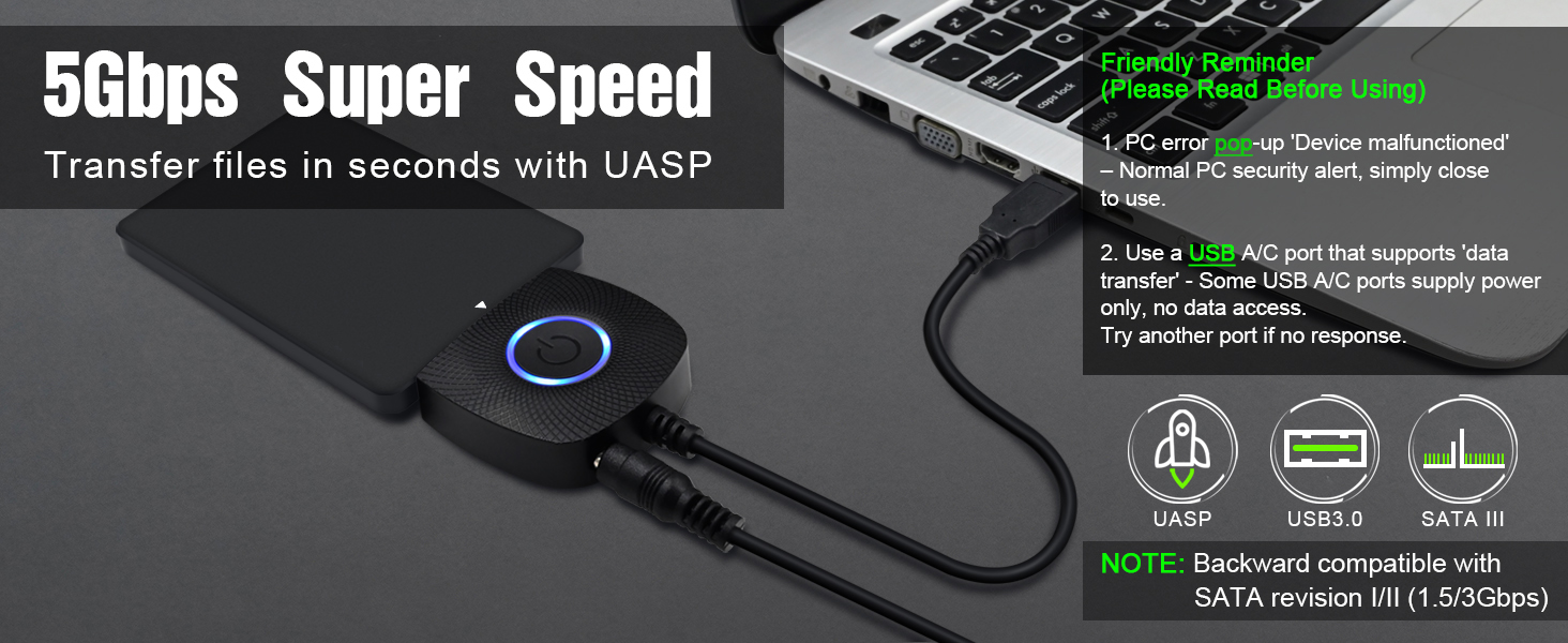 SATA to USB 3.0 Adapter with Power Supply, SSD to USB Adapter External Hard Drive Adapter Cable, USB