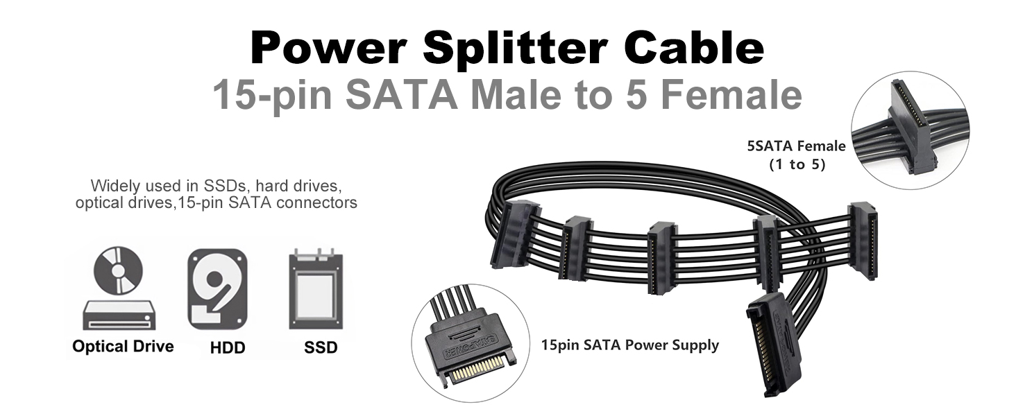 15 Pin SATA to 5 SATA Power Splitter Cable