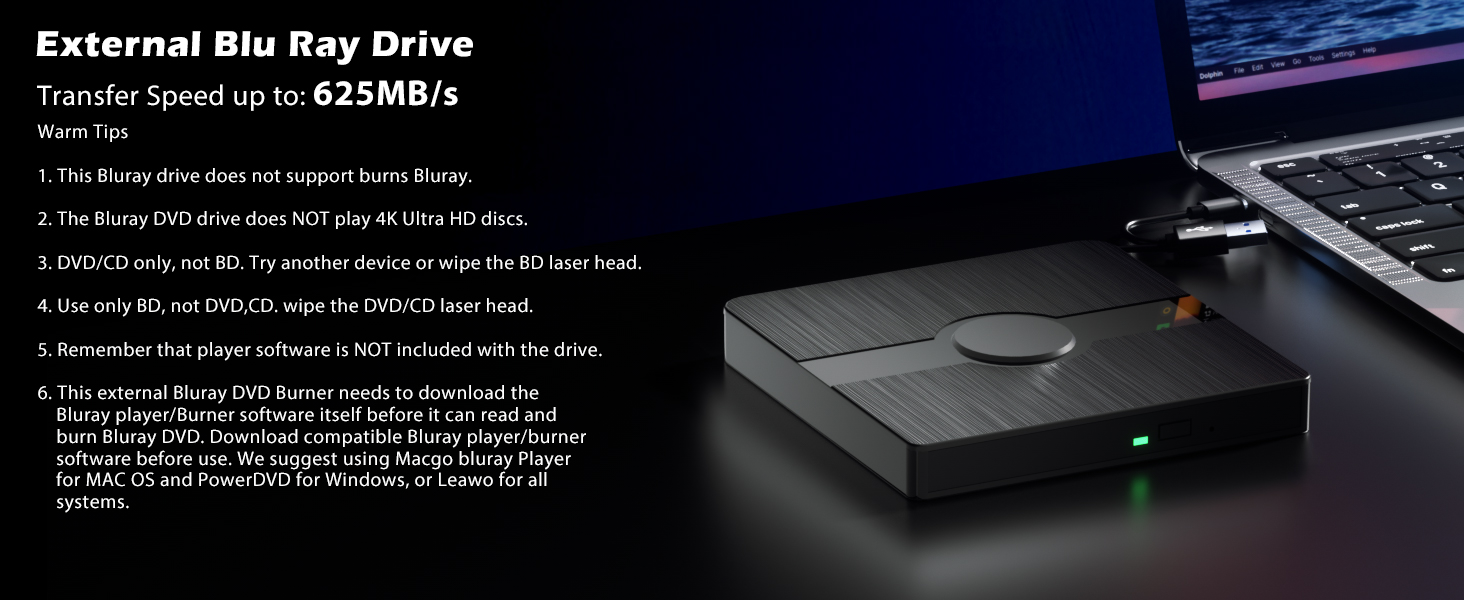 External Blu Ray Drive, BD Player with Read/Write Capability Portable Blu-ray Player