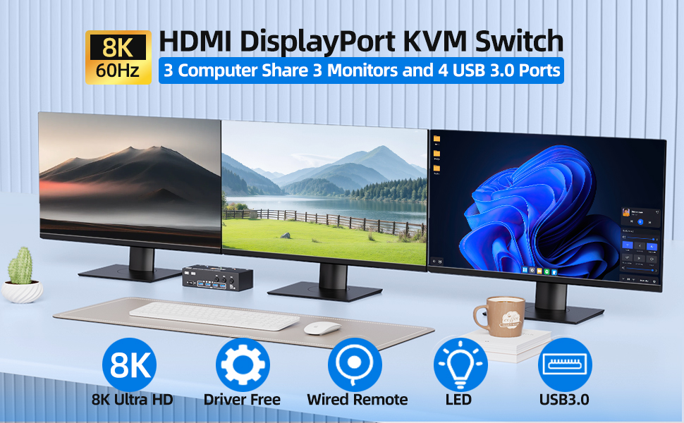 HDMI + 2 Displayport KVM Switch 3 Monitors 3 Computers 8K@60Hz 4K@144Hz,Triple Monitor USB KVM Switc