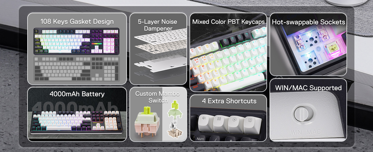 Redragon K745 PRO Wireless 108-Key Gasket RGB Gaming Keyboard, 4 Hotkeys