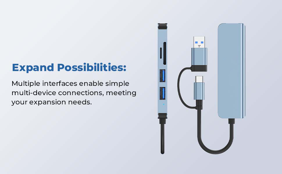 [5 in 1] USB & Type C Hub, Multiple USB Hub 3.0 & TF/SD Card Reader, USB Splitter 5 Ports USB Exten