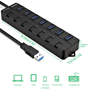 7-Port USB 3.0 Hub, Independent Switch LED indicators, High Speed Data USB3.0 Splitter Hub