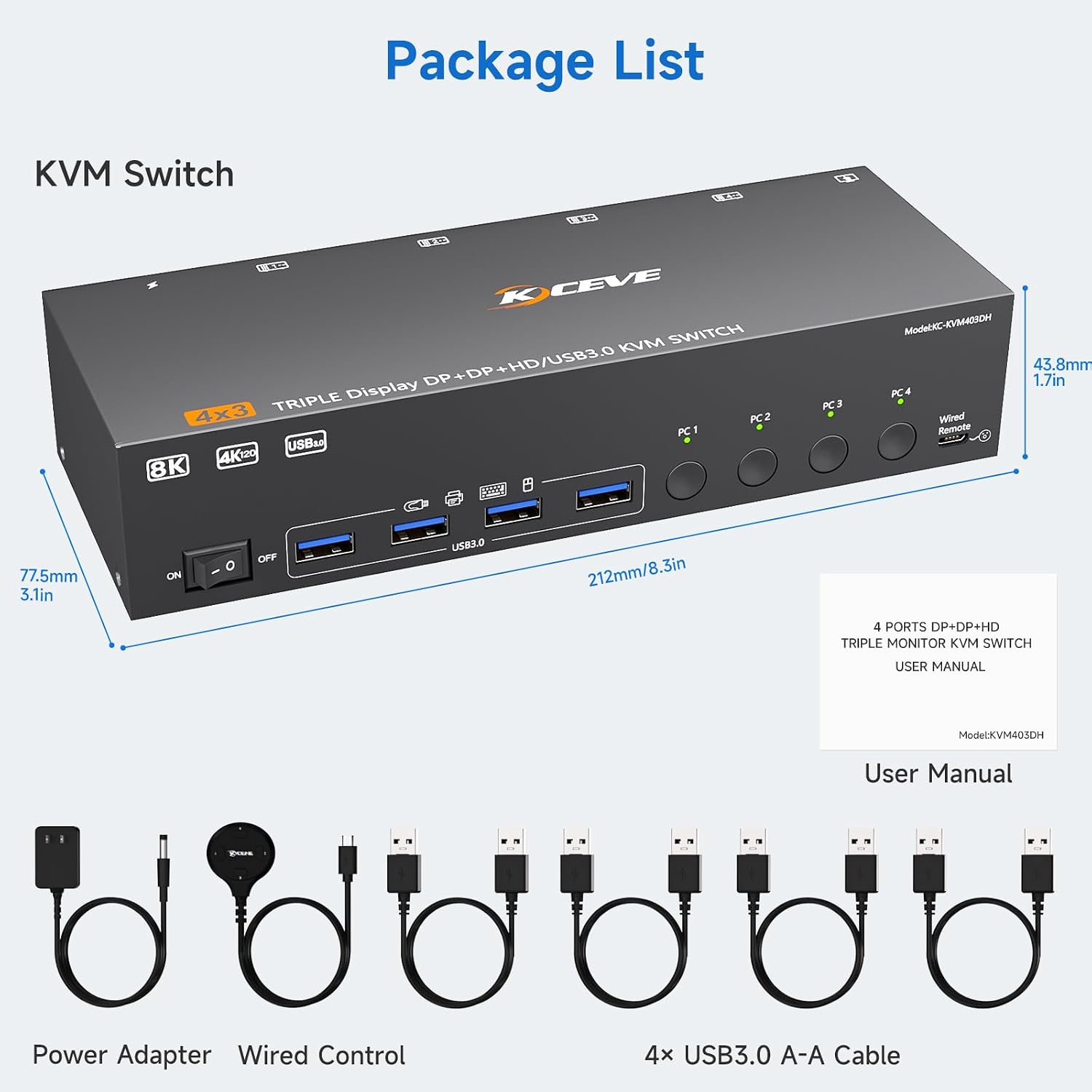 3 monitors KVM switch with 4 USB 3.0 ports for keyboard, mouse, printer and other peripheral USB d