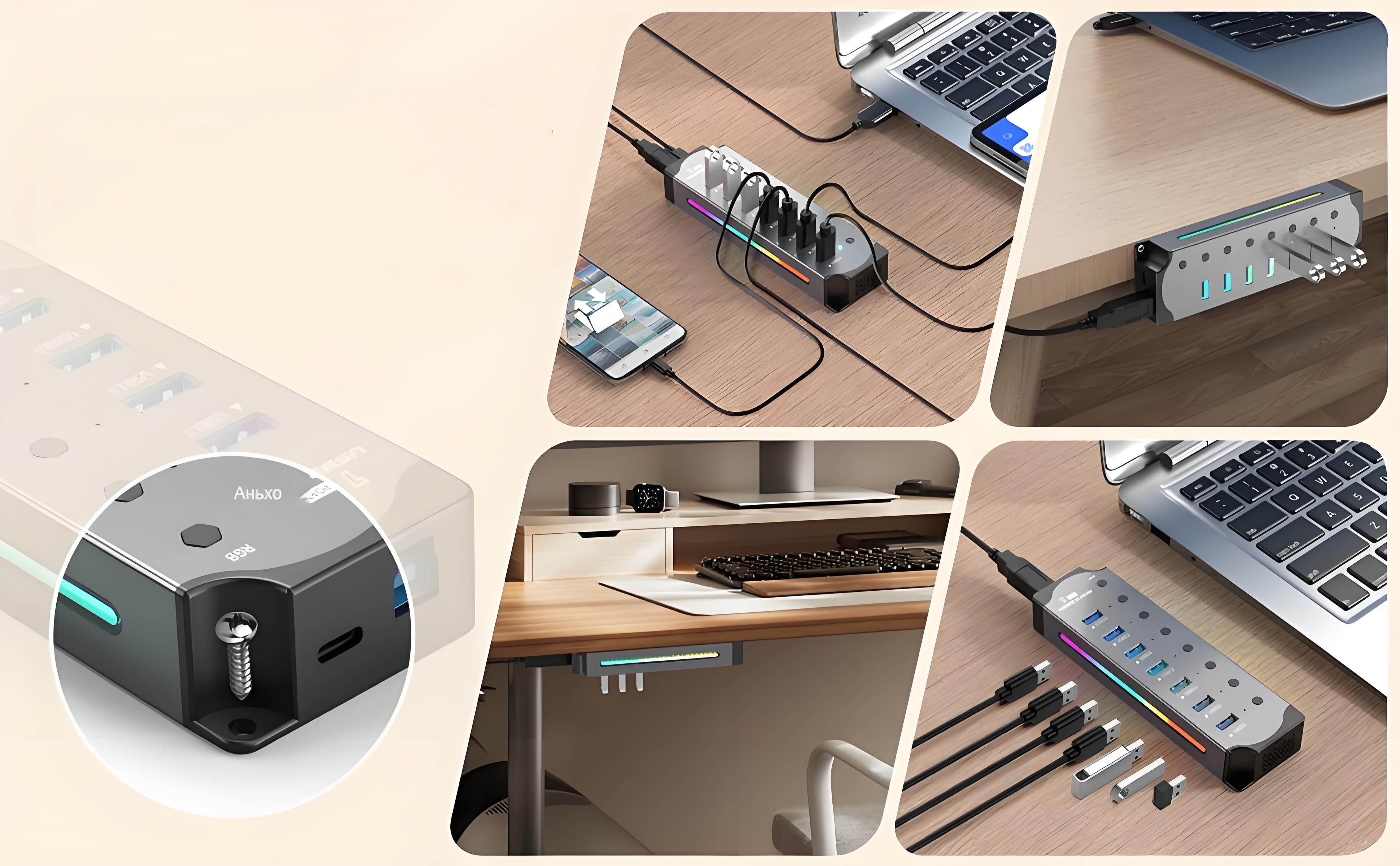 7-port USB 3.0 hub with 14 color RGB LED strip, independent switch, aluminum 0.6m cable gaming Hub