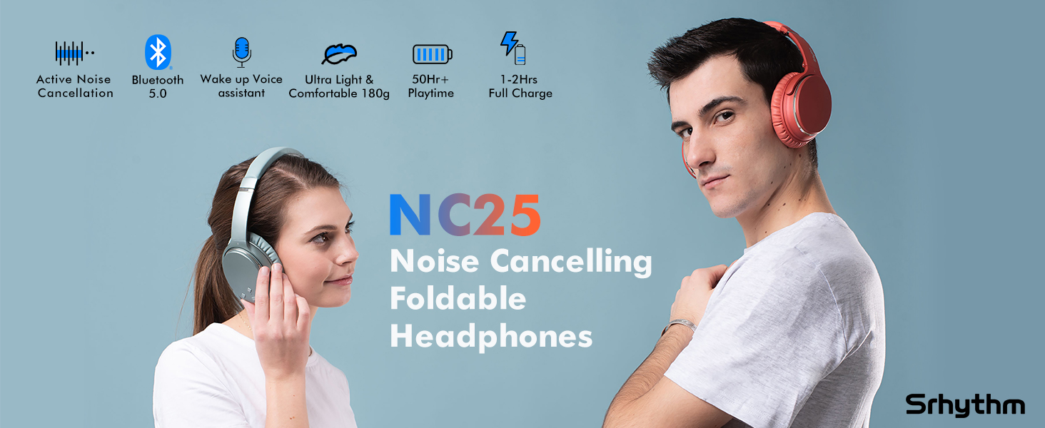 Srhythm NC25 Noise Cancelling Headphones Bluetooth 5.3,ANC Stereo Headset  over-Ear with Hi-Fi,Mic,50H Playtime,Low Latency Game Mode