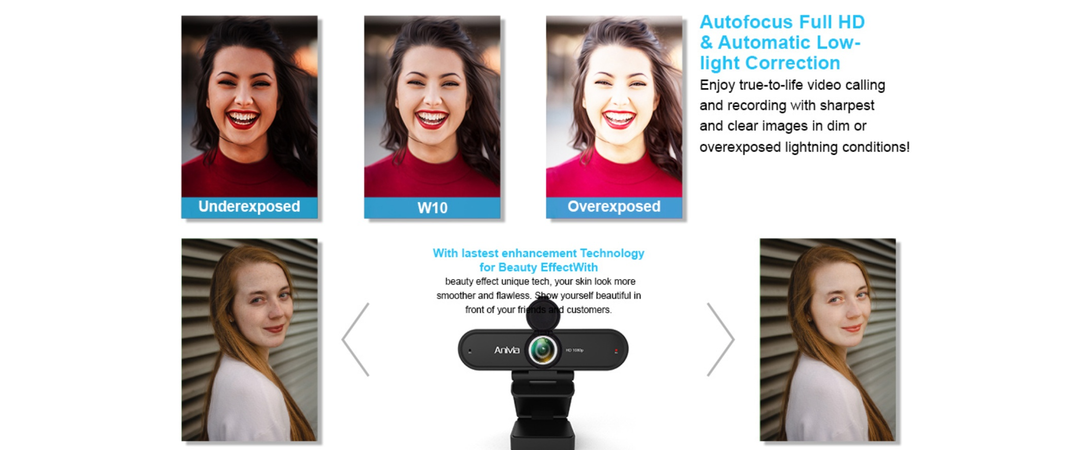 INMISS webcam, auto low light correction, beauty effect, underexposed overexposed image comparison