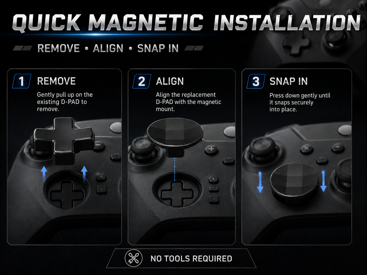 magnetic d-pad installation, tool-free d-pad replacement