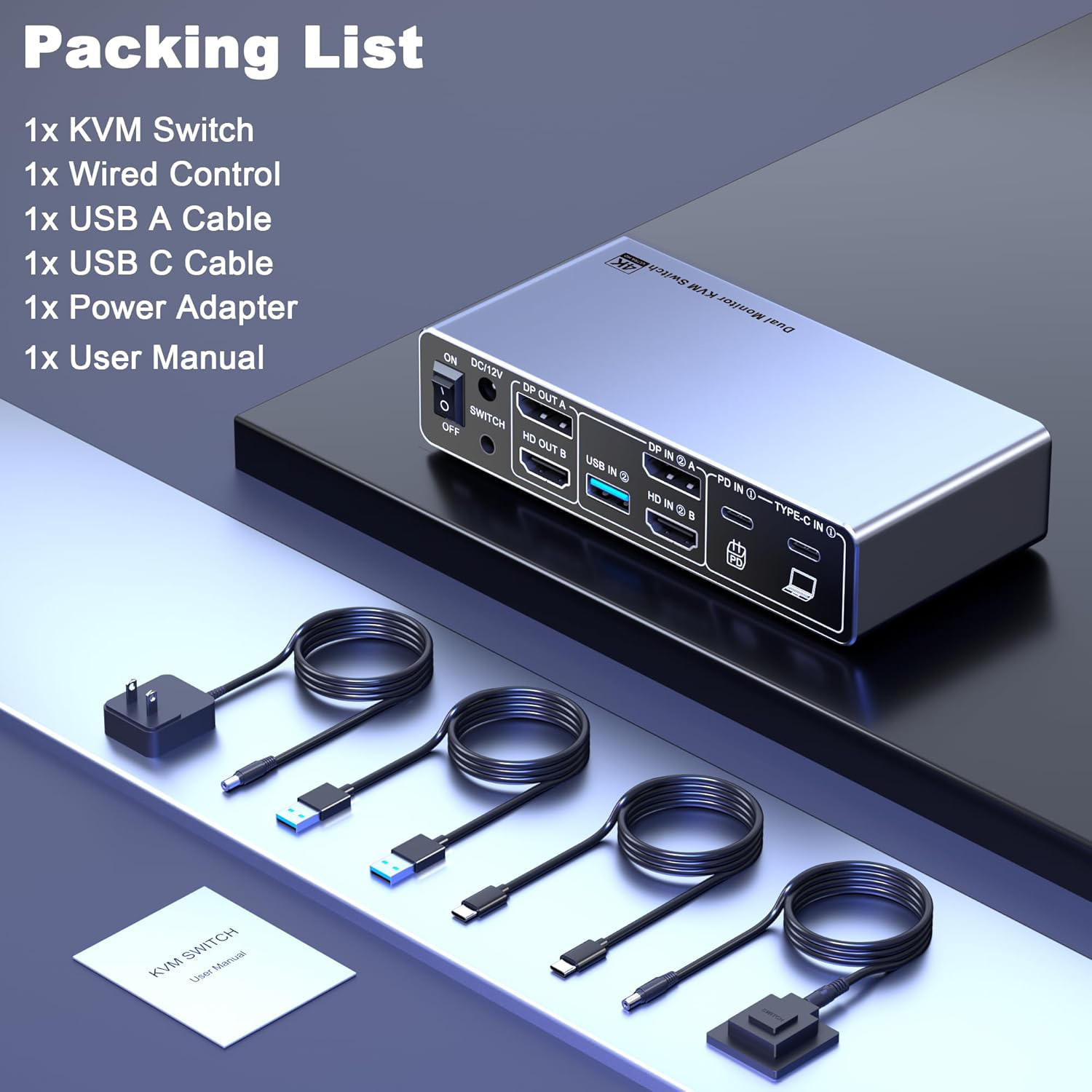 USB C KVM Switch, Dual Monitor KVM Switch for 1 Desktop and 1 Laptop, with Output Support for 4K@60H