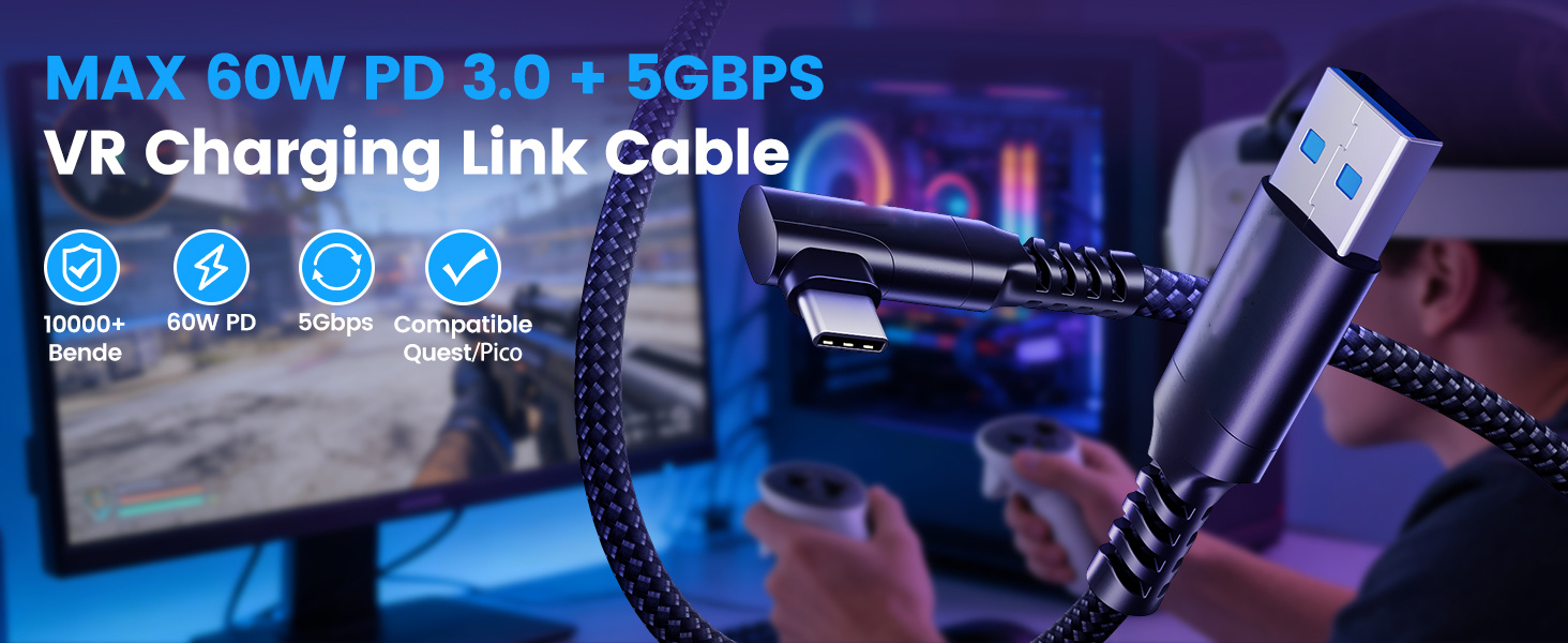 USB A to C VR Link Cable 16FT for Me-ta Quest 3S/3/2/Pro&Pico 4