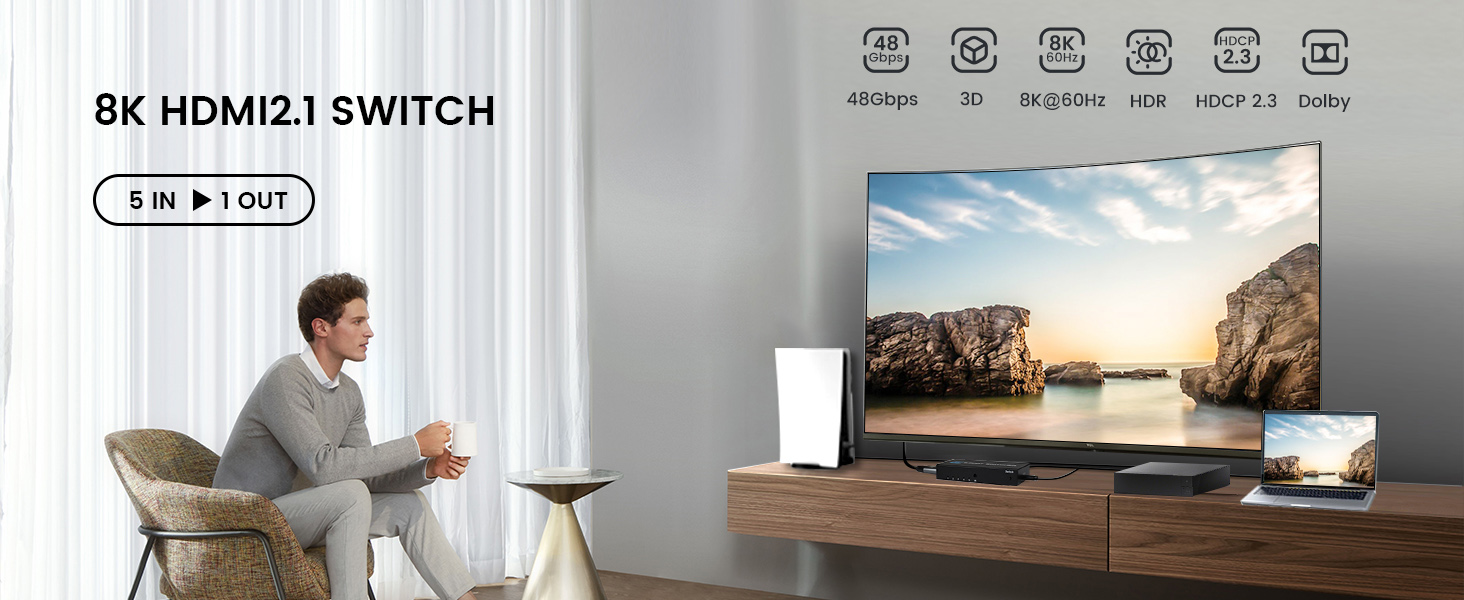 HDMI 2.1 Switch, 5-Port HDMI 8K Switch with Remote Supports 4K@120Hz, 8K@60Hz