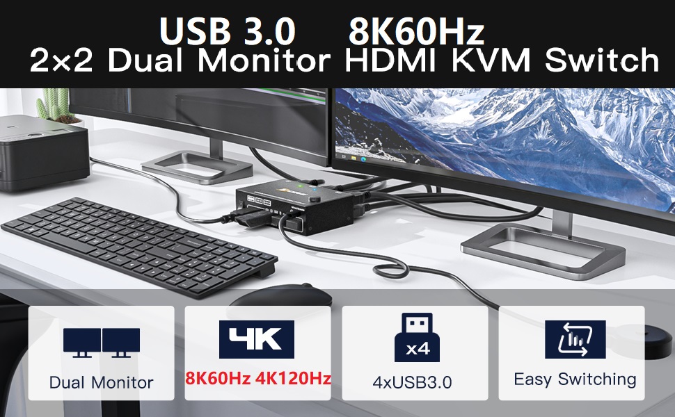 USB 3.0 HDMI KVM switch is designed for 2 Computers sharing one set of Keyboard, Mouse and Monitor.