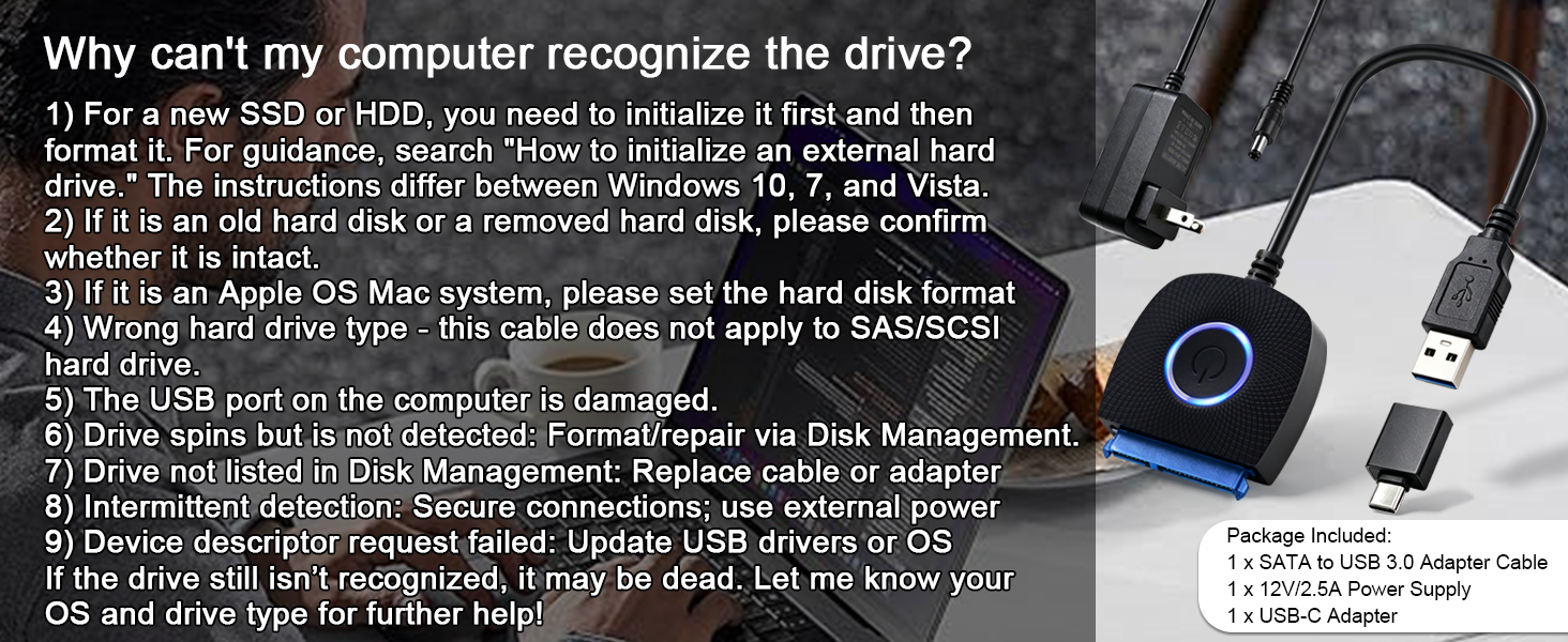 SATA to USB 3.0 Adapter with Power Supply, SSD to USB Adapter External Hard Drive Adapter Cable, USB