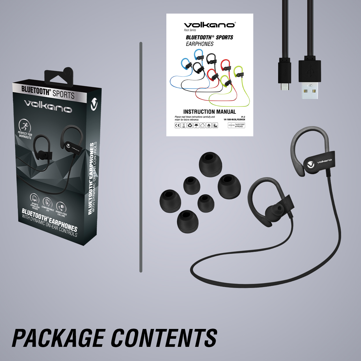 volkano race series wireless bluetooth earbuds package contents