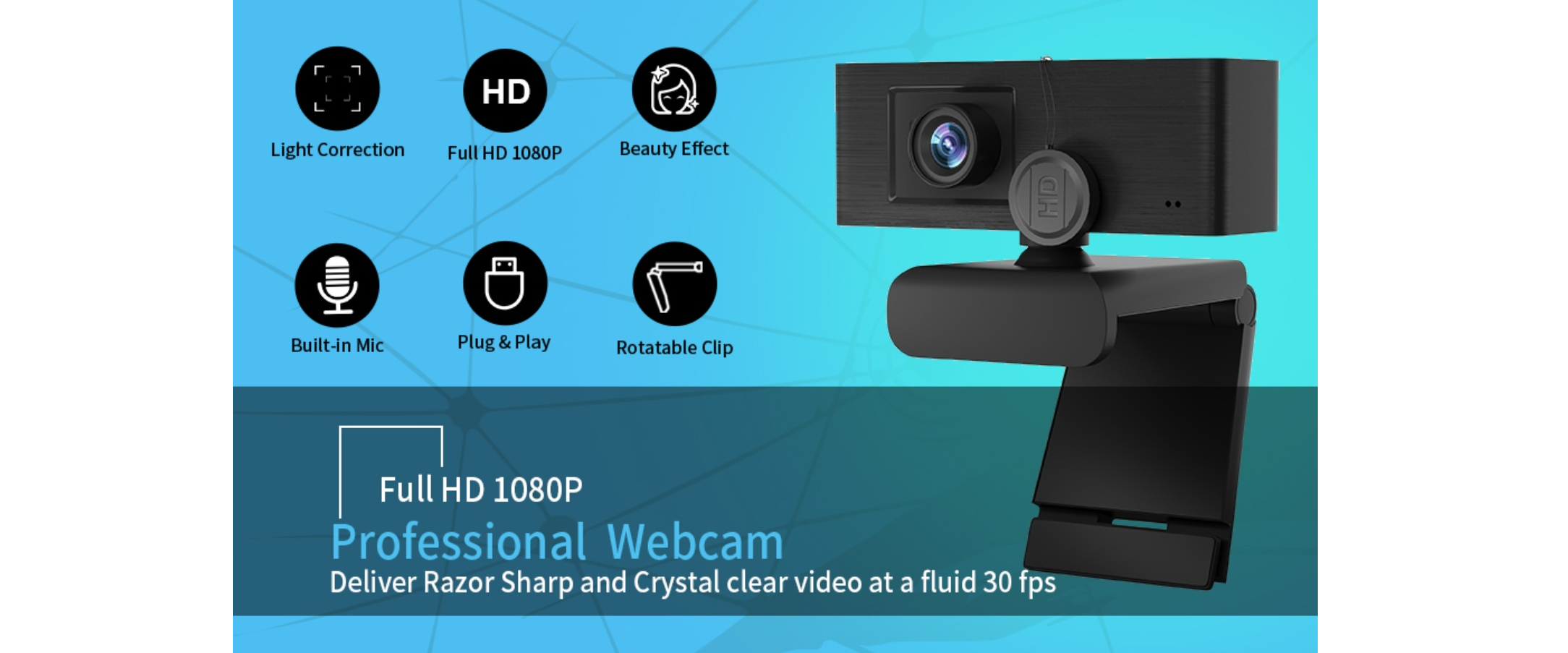 EACH webcam, full HD 1080P, built-in mic, light correction, plug & play