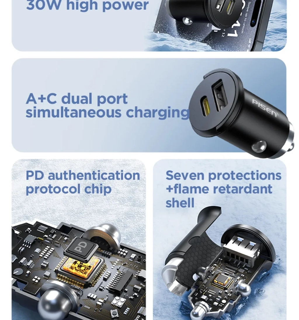 PISEN Quick Type-C+USB-A 30W Mini Car Charger