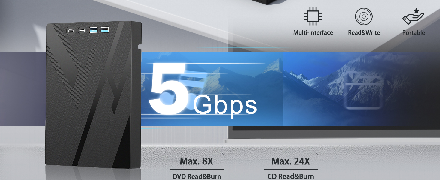 7 in 1 External CD/DVD Drive for Laptop, Portable DVD Player for Laptop with 2 USB A & 2 USB C and S
