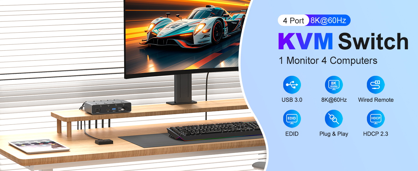 USB 3.0 HDMI KVM Switch 4 Computers 1 Monitor, 8K@60Hz HDMI KVM Switches
