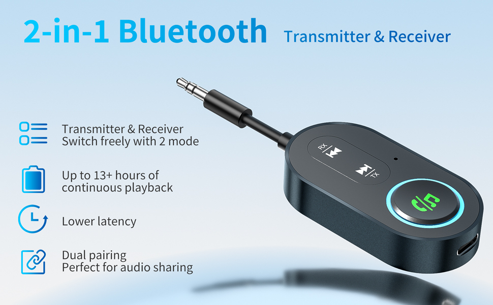 Upgraded Bluetooth 5.3 Transmitter Receiver, 2-in-1 Airplane Bluetooth Adapter, Compatible with 2 Ai