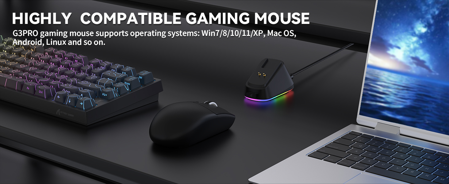 Gaming Mouse with Magnetic Charging Dock, BT/2.4G Wireless/Wired, PixArt PAW3311 Gaming Sensor, 59g
