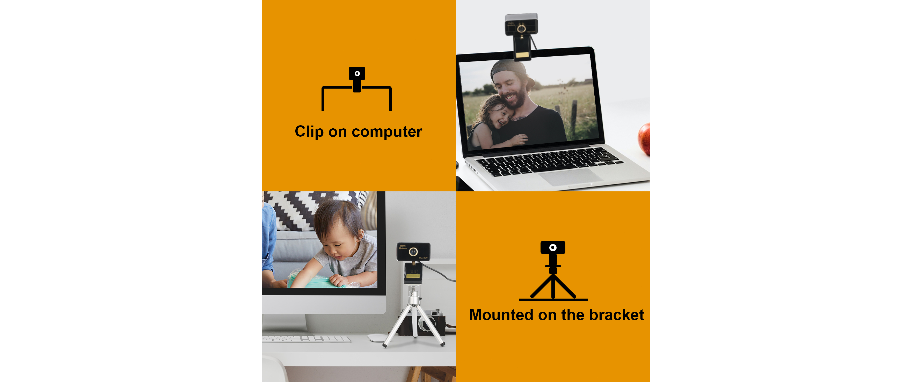HD720P webcam two installation ways, clip on laptop or tripod mount