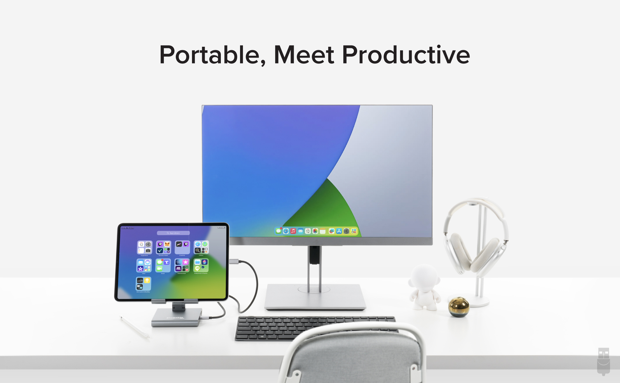 Portable, Meet Productive, iPad on Plugable dock connected to monitor