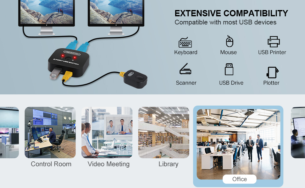 Ideal sharing 1 USB devices:  Enabling 2 computers to share one USB device, such as keyboard, mouse,