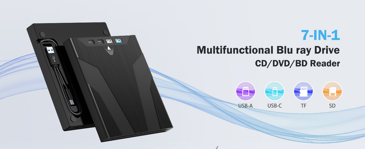 External Blu Ray Drive for Laptops, 7-in-1 USB 3.0 Type-C Blu ray CD DVD Drive with 4 USB & SD/TF Sl