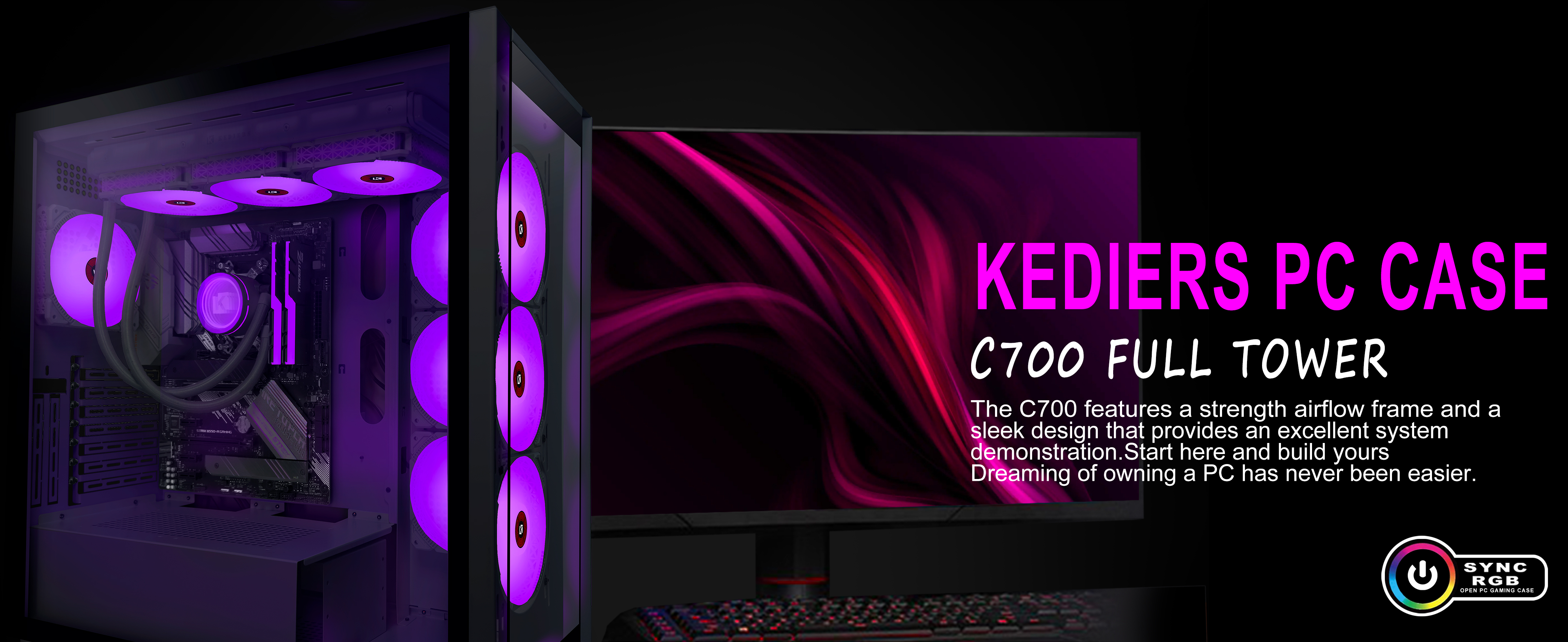 KEDIERS PC Case - C700 E-ATX Tower 3*Tempered Glass Gaming Computer Case  with 10 ARGB Fans 