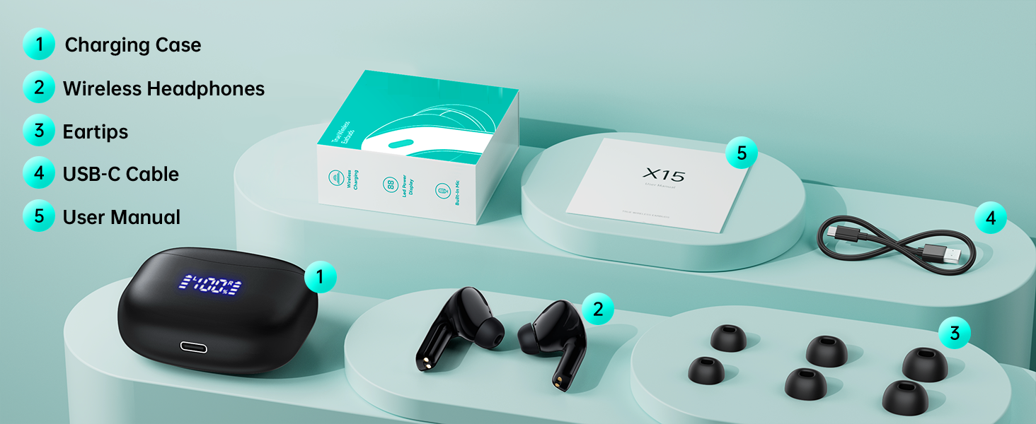 Bluetooth earbuds can last 60hrs music playtime, each earbud can last 6Hrs, and charging case