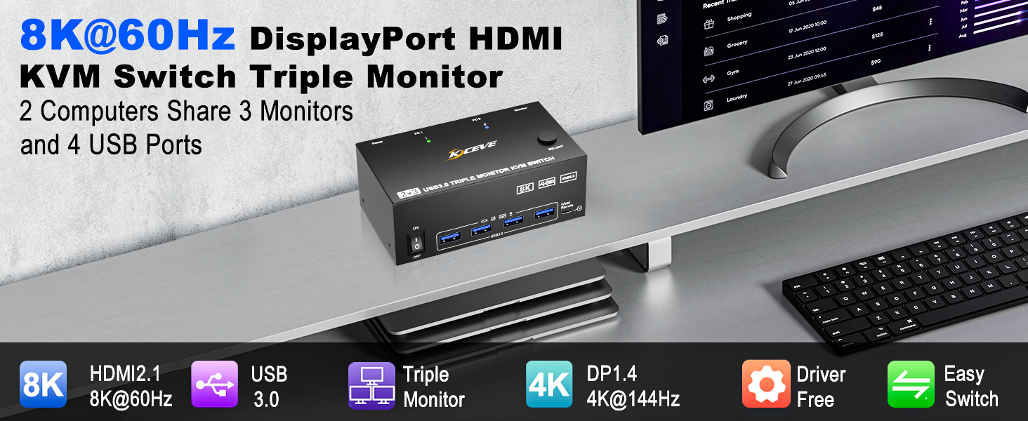 8K HDMI Displayport KVM Switch 3 Monitors 2 Computer