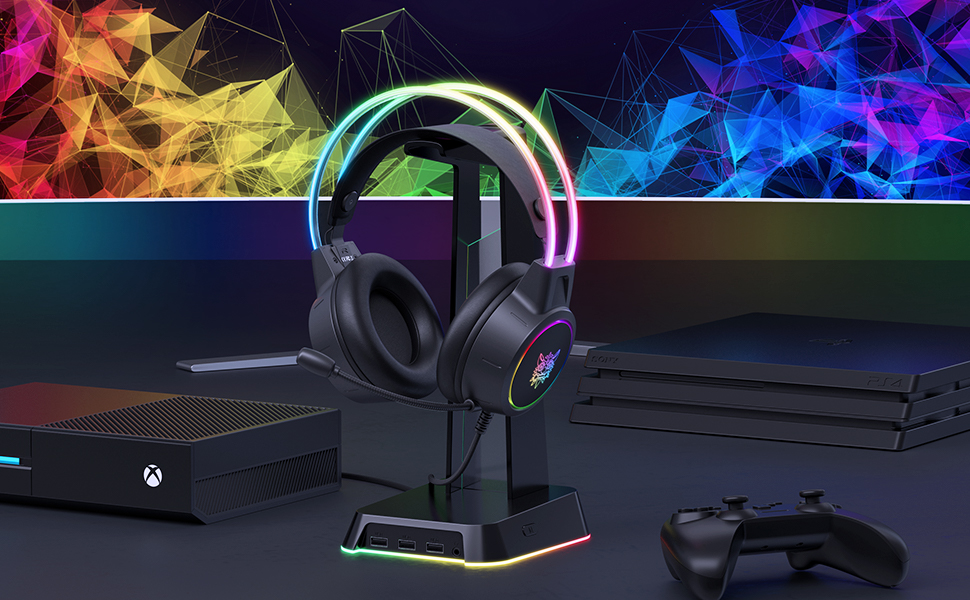 SMA Lightweight Gaming Headset, RGB Lighting, Wired Over-Ear Headphones with Noise Canceling Mic for