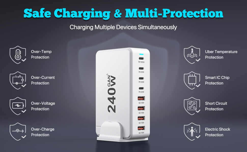 USB C Charger, 240W GaN 8 Port (4 USB C + 4 USB A port) USB Fast Charging Block, PD100W Multi-Port C