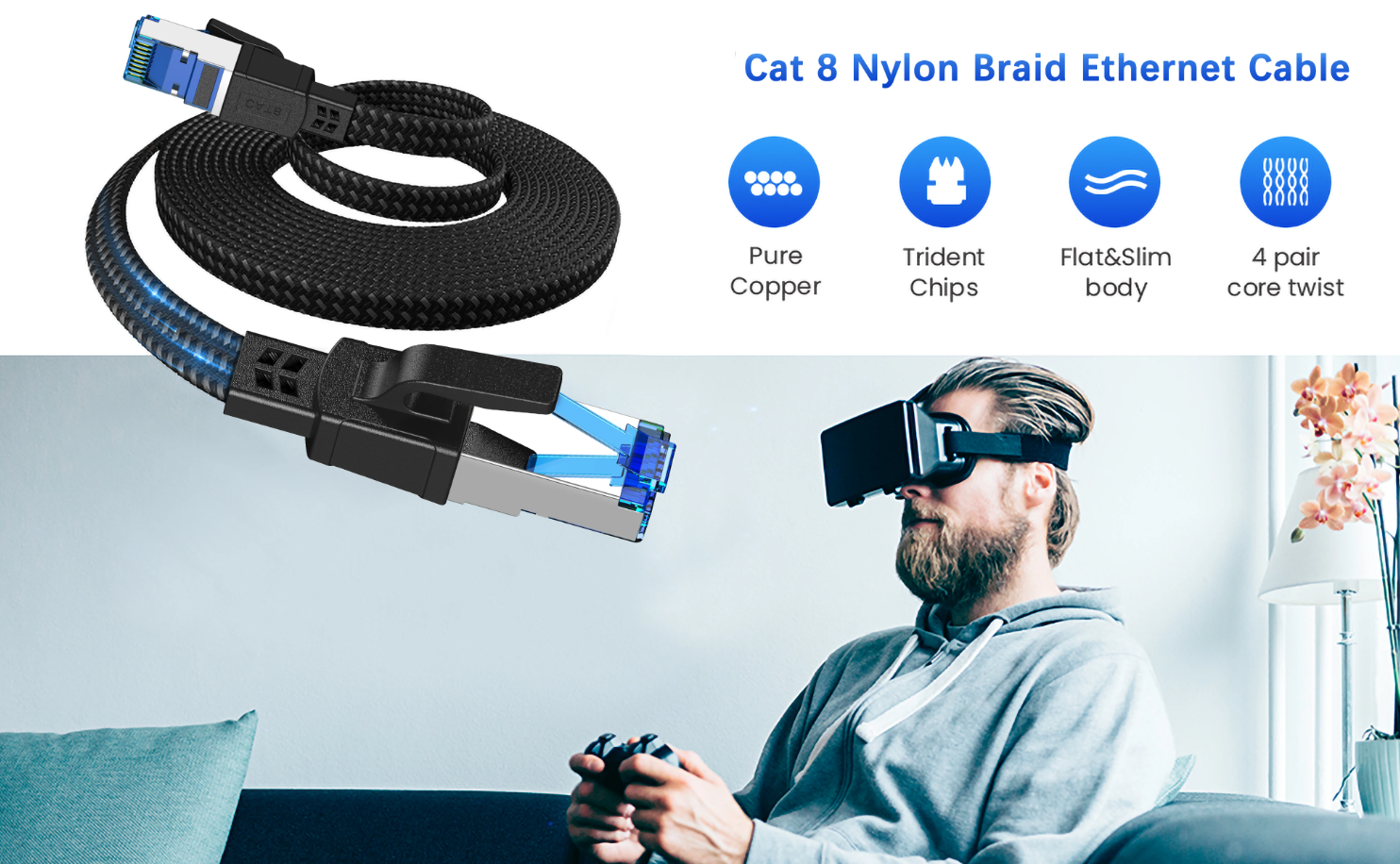Cat 8 Ethernet Cable 6.6FT/2M, Braided High Speed 40Gbps 2000Mhz Lan Patch Cord RJ45 Network Cable,