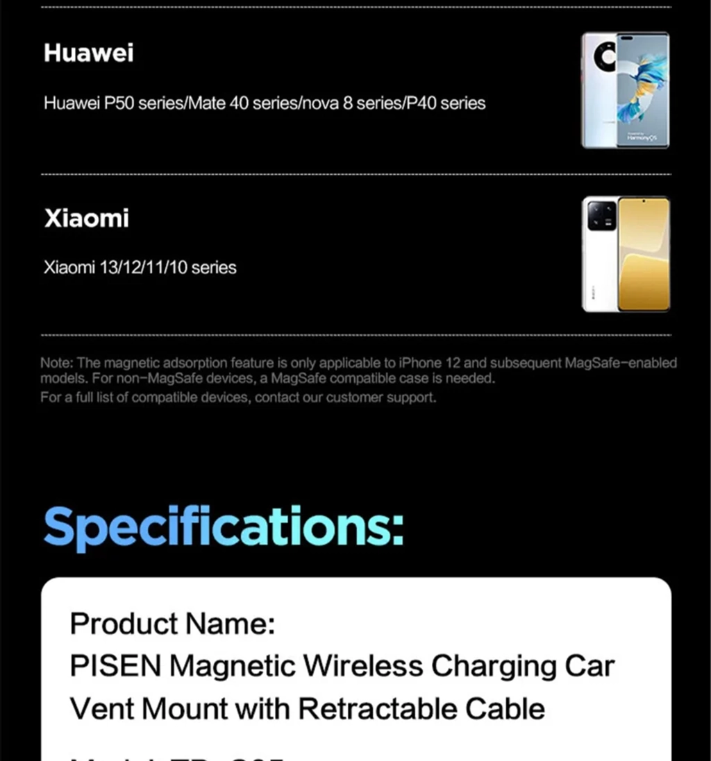 Pisen TP-C85 Mag Depot Telescopic 15W Wireless Car Mount Charger