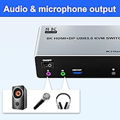 Audio and microphone output 3 monitors 2 computers KVM comes with a 3.5mm Audio Jack port with a DAC