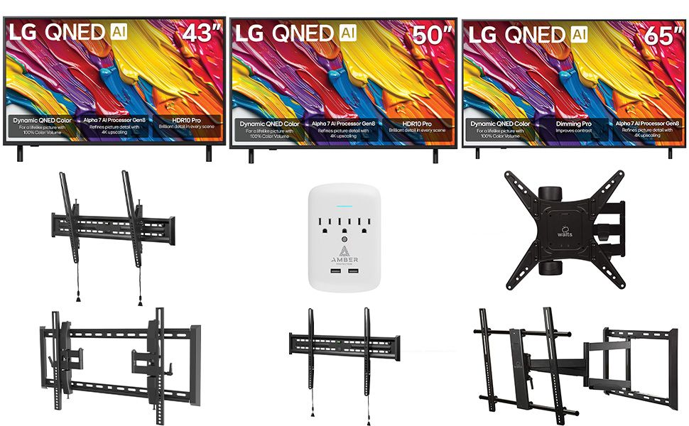 LG QNED82AUA Series TV with Walts Mount and Amber Protection 3-Outlet Surge Protector