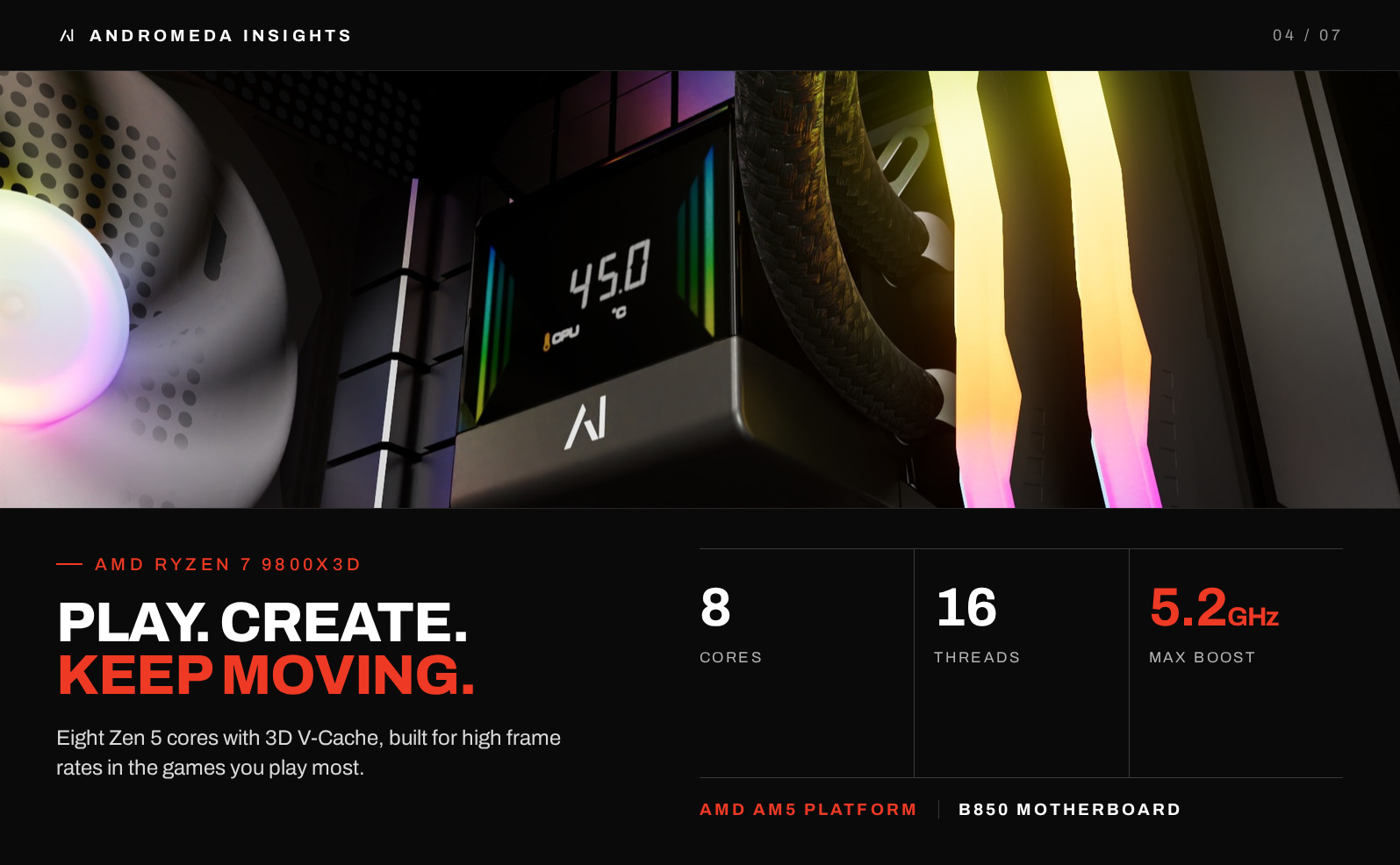 AMD Ryzen 7 9800X3D with 8 cores, 16 threads and up to 5.2 GHz boost