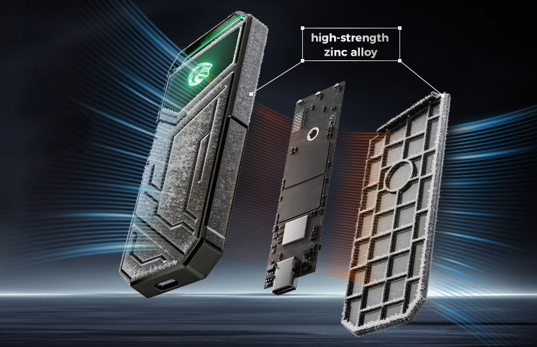 Exploded view showing high-strength zinc alloy casing and internal heat-dissipation structure