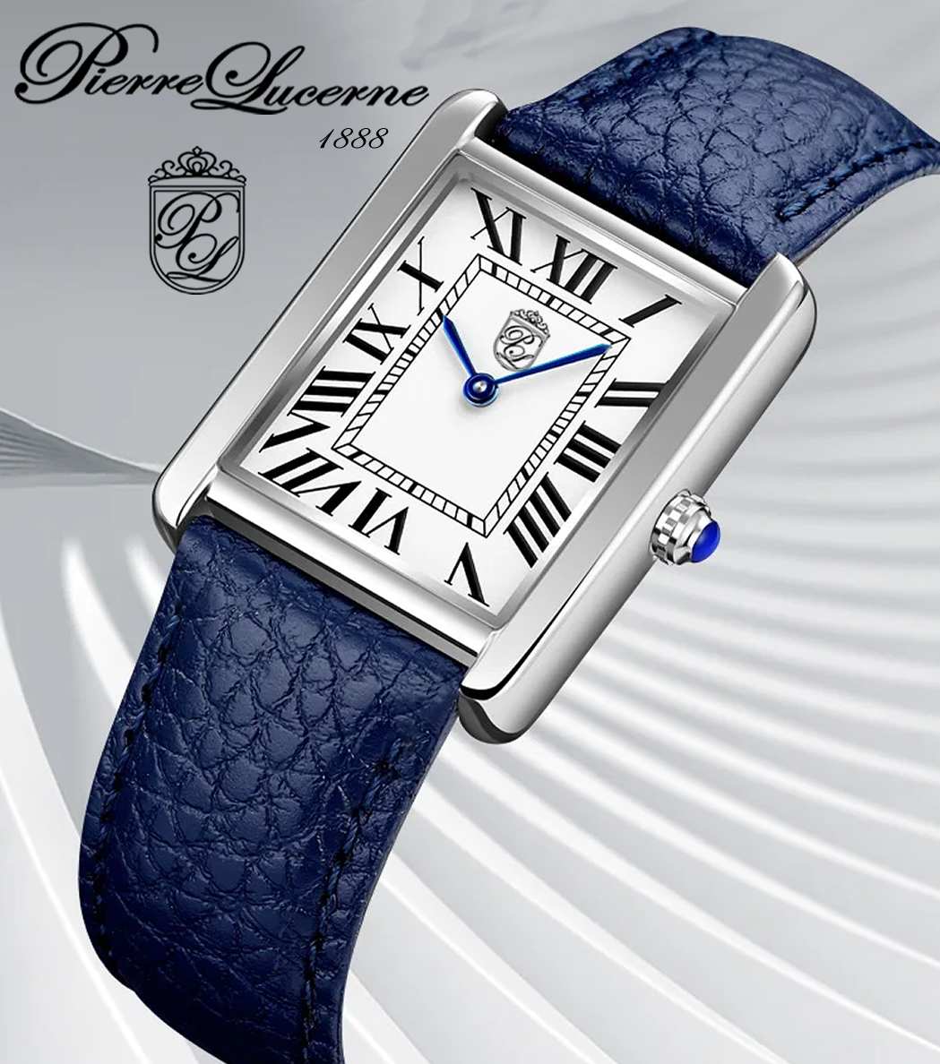 Pierre Lucerne 1888 Swiss Inspired Mens Iconic Designer Tank Dress Watch Blue Leather
