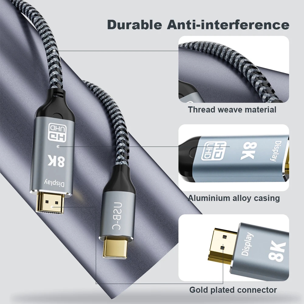 6ft (2m) USB-C to HDMI Adapter Cable, 8K 60Hz, 4K 144Hz, HDR10, USB Type-C  to HDMI 2.1 Video Converter Cable, USB-C DP Alt Mode/USB4/Thunderbolt 3/4