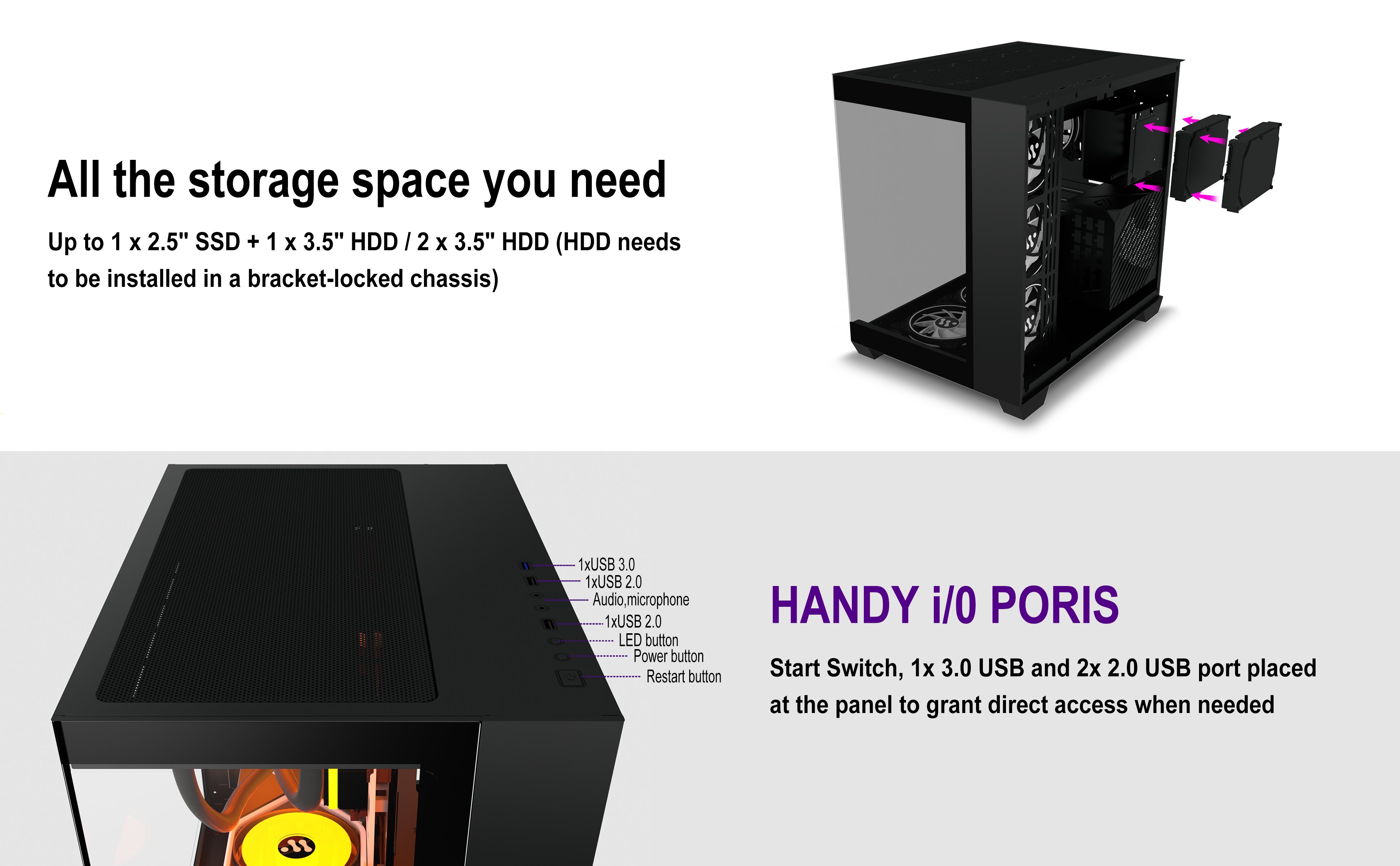 AMANSON PC CASE ATX Gaming PC Cases ，Mid-Tower USB 3.0 with Double Tempered  Glass Full View Computer Cases Black (Fans are not Included) (H6)