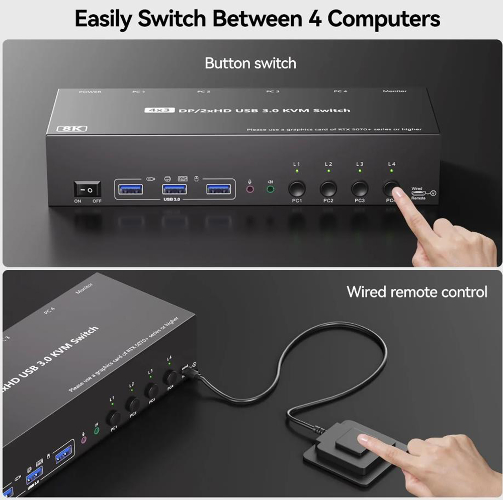 4K@144Hz Triple Monitor KVM Switch 3 Monitors 4 Computers, 8K@60Hz 2 HDMI + DisplayPort USB 3.0 KVM