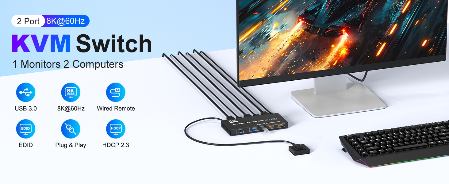 USB 3.0 HDMI KVM Switch 1 Monitor 2 Computers, Support 8K@60Hz 4K@120Hz, HDMI KVM Switches for 2 Com