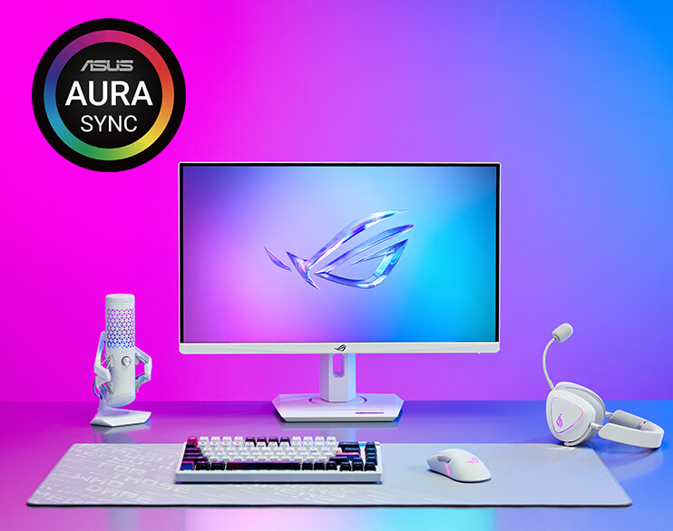 ROG Delta II on a headset stand next to a ROG monitor, keyboard and mouse, all featuring synchronized Aura Sync RGB lighting