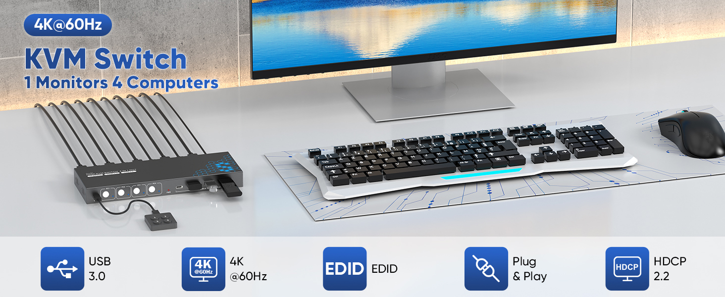 USB 3.0 HDMI KVM Switch for 4 Computers 1 Monitor, 4K@60Hz 4 port HDMI KVM Switch for 4 PCs Share Ke