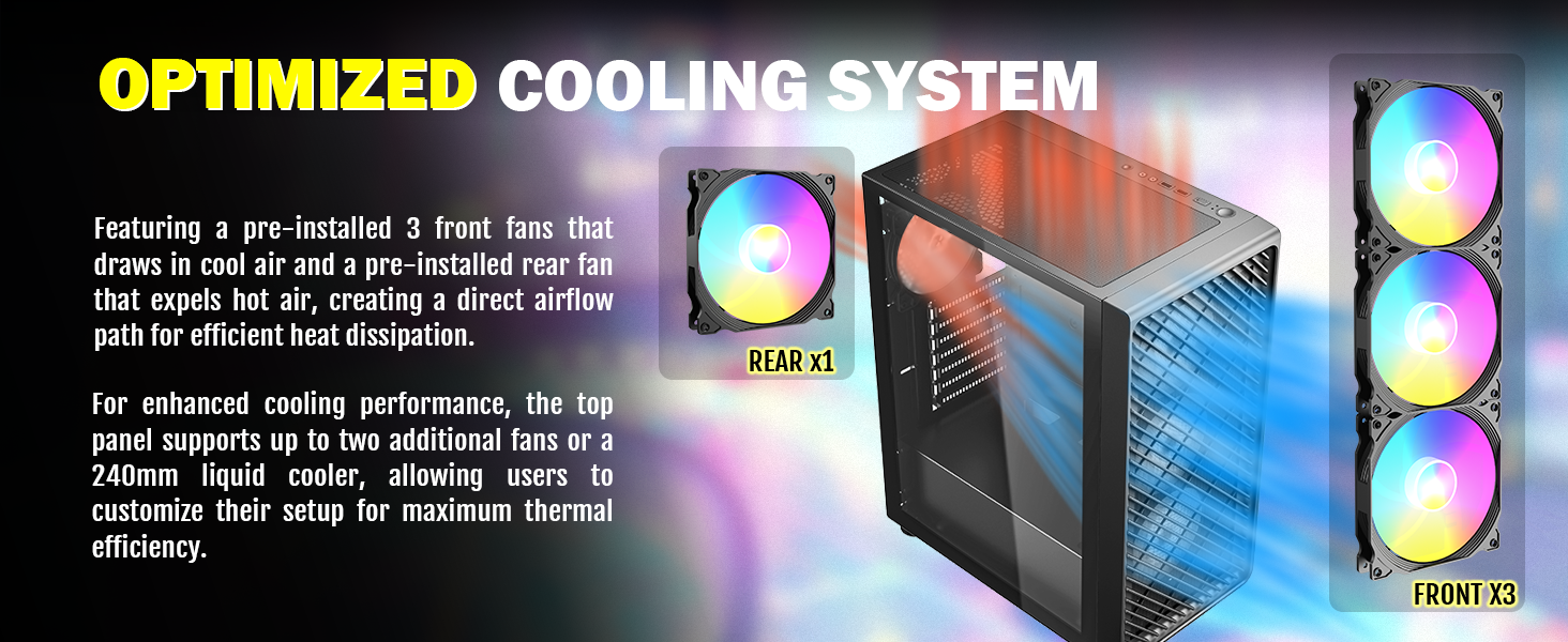 raidmax v211 black gaming atx mid tower case, tempered glass with 4 120mm fans, static RGB light