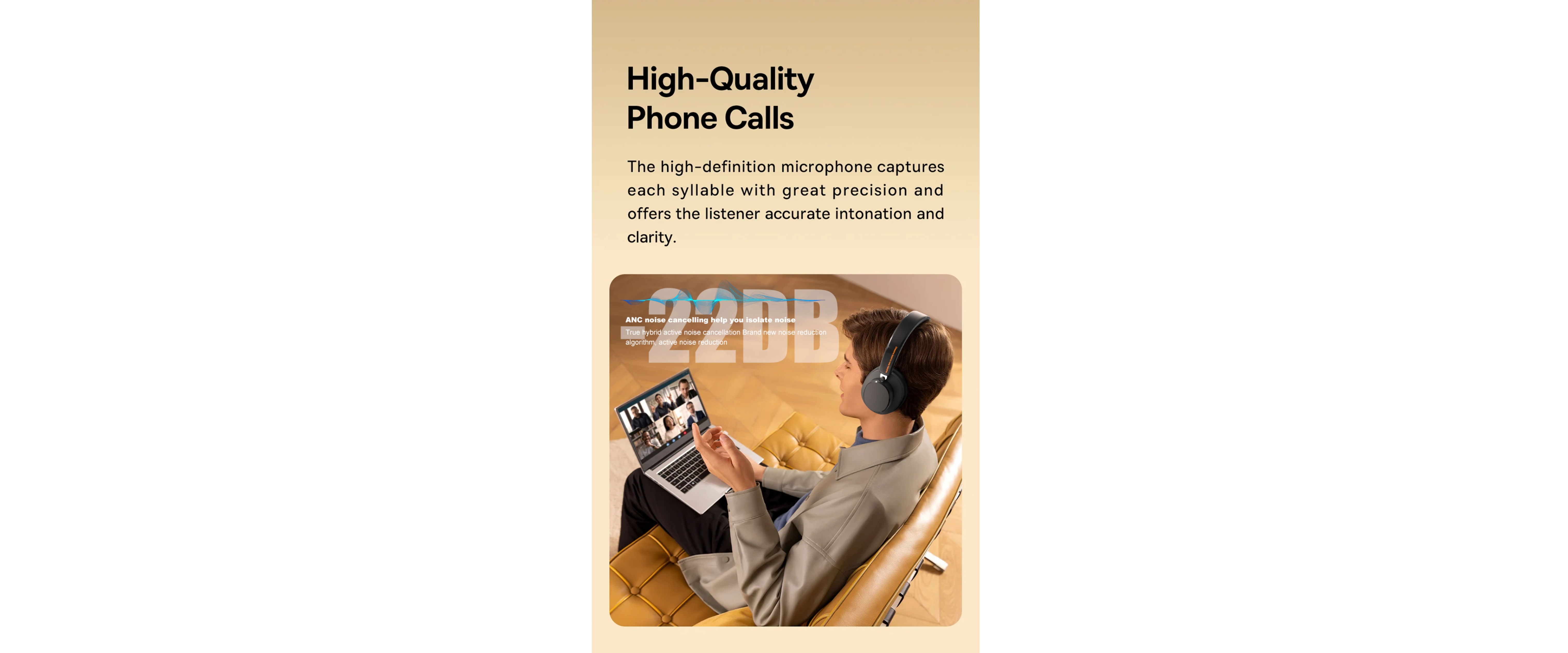 ANC active noise cancellation, HD microphone, clear call, 22dB noise reduction